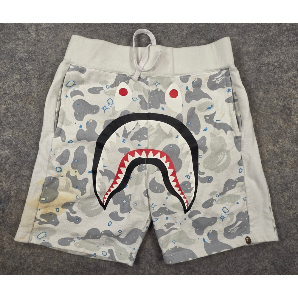 A Bathing Ape BAPE Shark Space Camo Sweat Shorts Grey White Mens Medium
